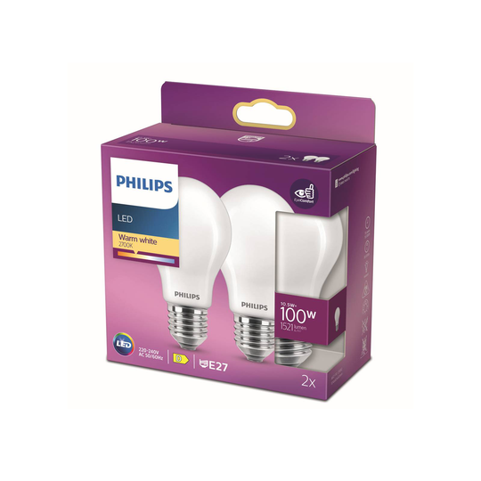 Philips LED-lampa E27 10,5W 2 700 K opal 2-pack