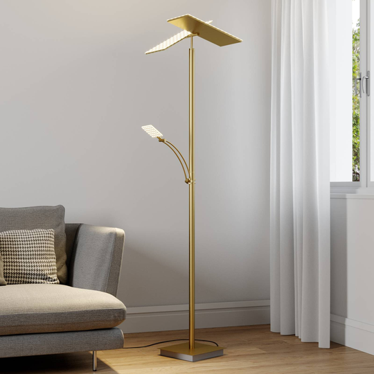Lucande LED-uplight-golvlampa Parthena, mässing