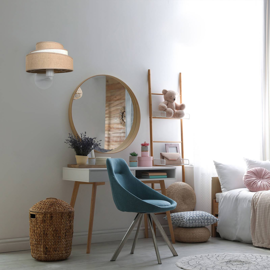 Vägglampa Trio jute, naturbrun/vit, Ø25 cm