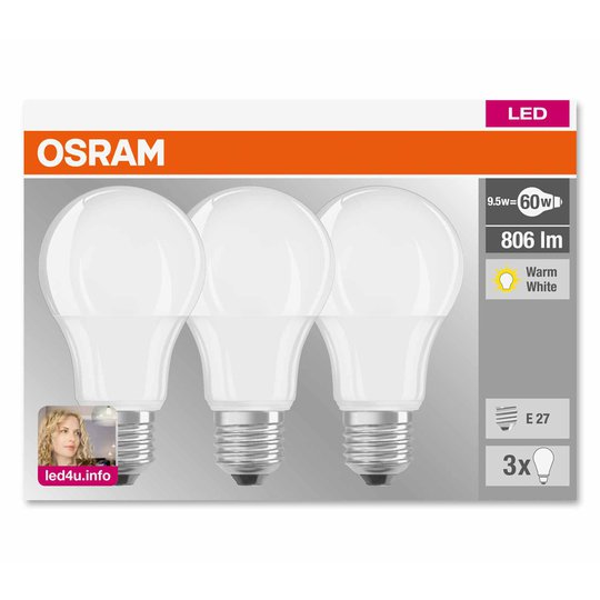 E27 9,5W 827 matt LED-lampa, 3-pack