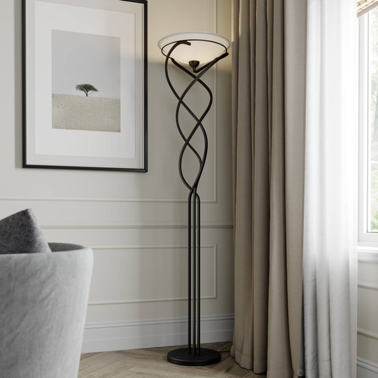 Lindby Lilou uplight-golvlampa, glasskål antikbrun