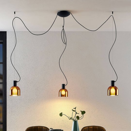 Lucande Serina hänglampa, 3 lampor glas koppar