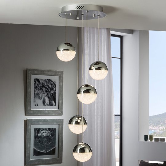 LED-hänglampa Sphere, 5 lampor, krom
