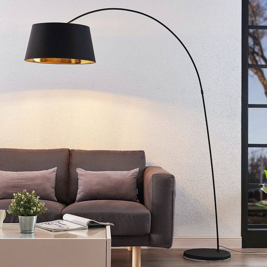 Båggolvlampa Esti med tygskärm, svart-guld