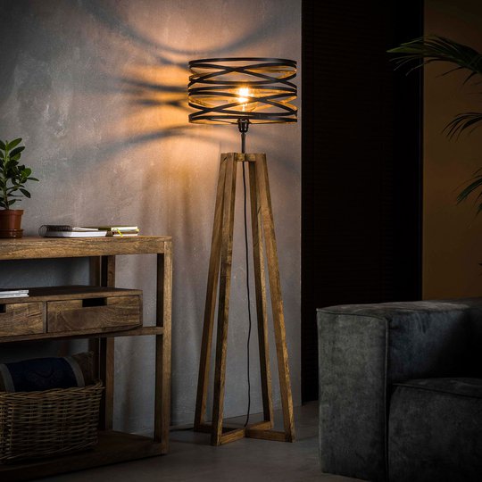 Golvlampa Crossround av trä och metall