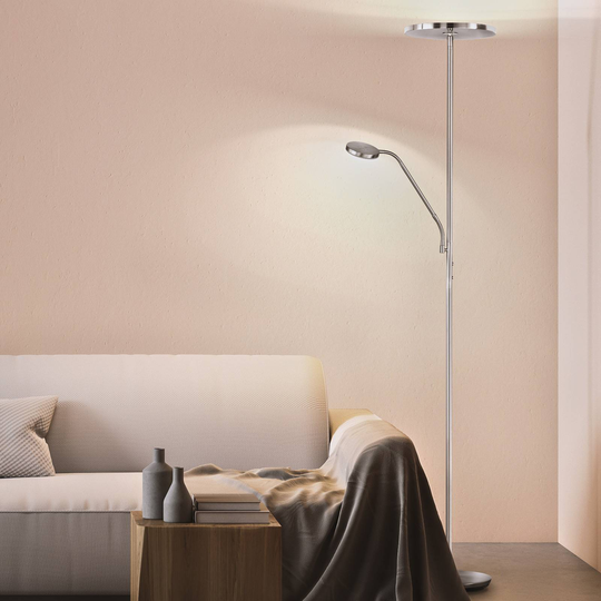 LED-golvlampa Fabi med läslampa, matt nickel
