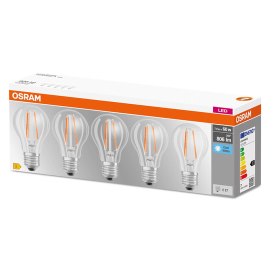 OSRAM LED-lampa E27 Base CL A 7W 4 000 K 5-pack