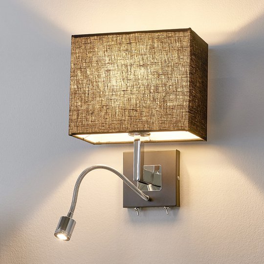 Svart tygvägglampa Rebekka med LED-läslampa
