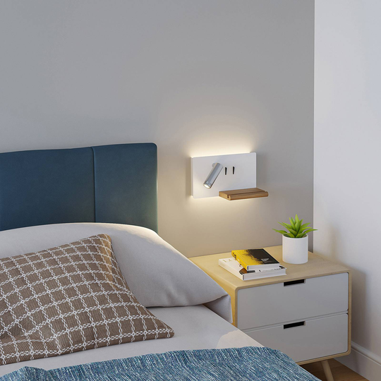 Lucande Kimo LED-vägglampa vit/nickel USB-hylla