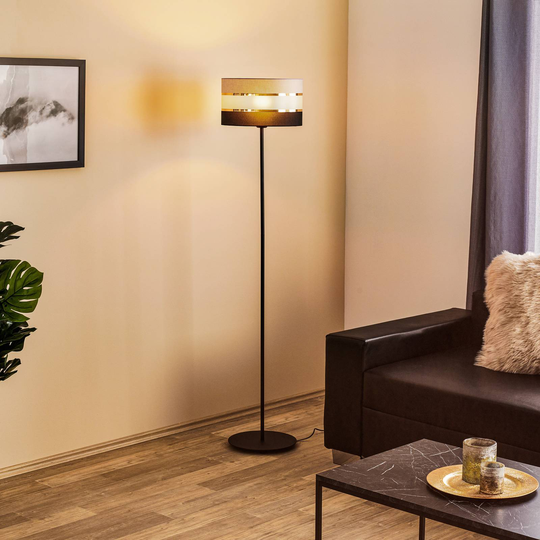 Golvlampa Helen med textilskärm grå-svart-guld