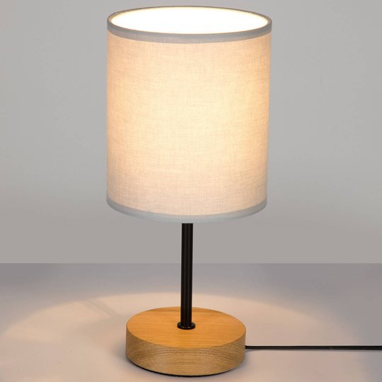 Bordslampa Corralee, trä och grå tygskärm