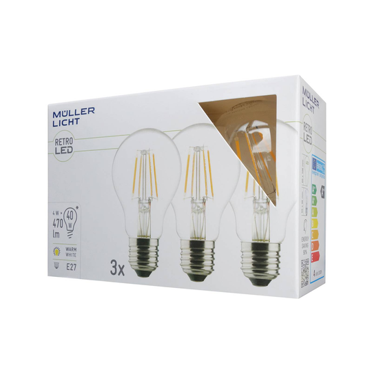 LED-lampa E27 4 W 2 700 K filament 3-pack 470 lm