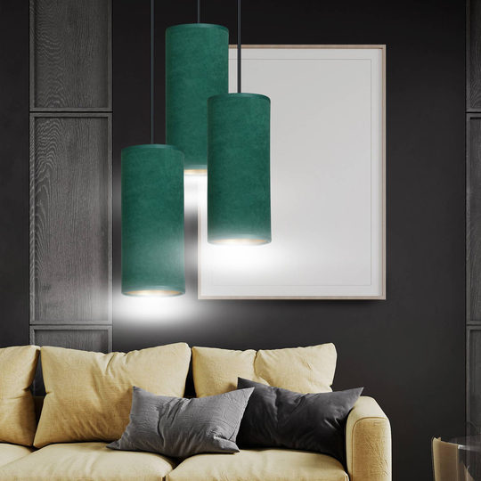 Pendellampa Joni, textil, 3 lampor rund, grön guld