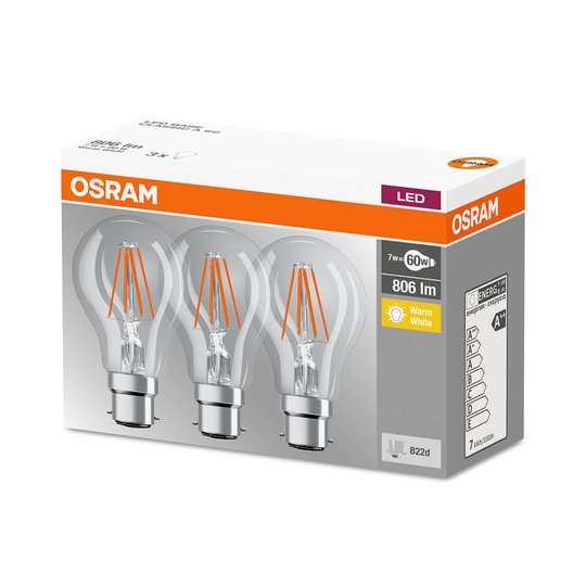 LED-filamentlampa B22d 7W, varmvit, 3-pack