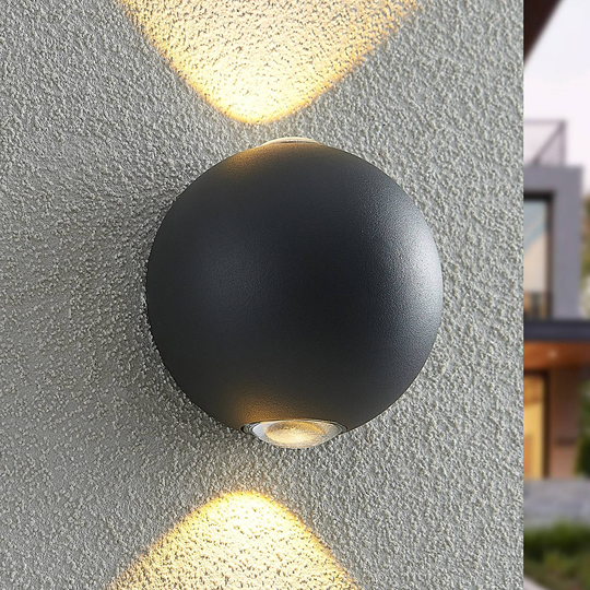 Lindby Esmani LED-vägglampa rund 2 lampor, mörkgrå