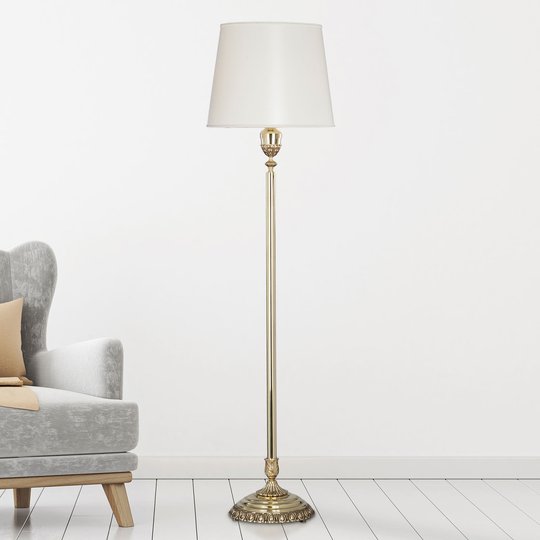 Golvlampa Tamesis, guldpatinerad, vit skärm