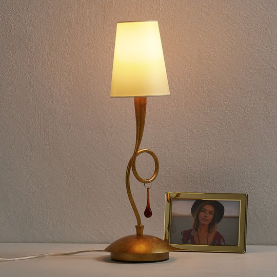 Gyllene bordslampa Paola med textilskärm